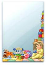 Baby in a playroom surrounded by colourful toys, blocks, and a soft play mat for early childhood themes