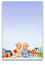 Twin babies sitting back-to-back with colourful toys scattered around, set against a soft gradient background, ideal for themes of twins, childhood, and play