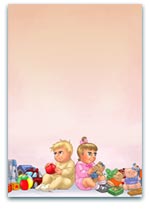 Illustration of a boy and girl toddler sitting back-to-back with colourful toys scattered around, set against a soft gradient background, ideal for themes of siblings, childhood, and playtime