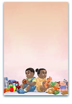 Illustration of twin toddlers sitting back-to-back with colourful toys around them, set against a warm gradient background, perfect for themes of twins, childhood, and playtime