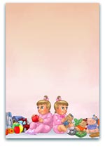 Illustration of twin girls sitting back-to-back with colourful toys scattered around, set against a soft pink gradient background, ideal for themes of twins, childhood, and playtime