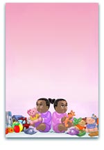 Illustration of twin girls in pink outfits sitting back-to-back with colourful toys scattered around, set against a soft pink gradient background, ideal for themes of twins, childhood, and play