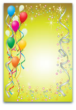 Festive yellow background with colourful balloons, ribbons, and sparkling decorations, perfect for celebrations, birthdays, or party invitations