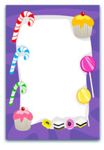 Purple candy-themed frame with cupcakes, lollipops, and candy canes, perfect for party invitations, desserts, or sweet-themed designs