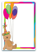 Colourful frame with a teddy bear in a party hat holding balloons, ideal for birthday or celebration-themed designs for children