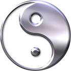 Metallic yin-yang symbol with a sleek silver finish, representing balance and harmony, suitable for spiritual or philosophical themes