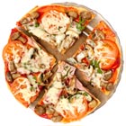 Freshly baked pizza cut into slices with toppings including tomatoes, mushrooms, and melted cheese, perfect for food or dining-themed designs