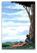 A couple resting under a tree with a picturesque sky and rolling hills in the background, suitable for love, relaxation, or nature-themed designs