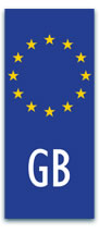 Blue rectangle with the EU stars circle and GB text, representing the United Kingdoms EU licence plate style