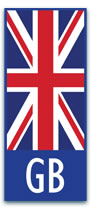 Blue rectangle with the Union Jack flag and GB text, symbolising the United Kingdom on vehicle licence plates