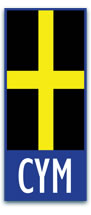 Blue rectangle with a black background, yellow cross, and CYM text, representing an alternative Welsh design for licence plates