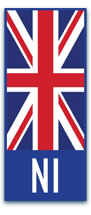 Blue rectangle with the Union Jack and NI text, representing Northern Ireland on vehicle licence plates with a UK emphasis