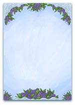 Elegant floral frame with purple flowers and green leaves on a soft blue background, ideal for garden or wedding designs