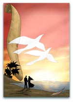 Silhouette of a couple on a beach with doves flying, against a dramatic sunset, great for romantic or travel-themed designs