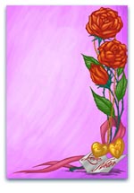 Vibrant pink background with roses, ribbons, and heart-shaped gold accents, perfect for Valentine’s Day or romantic themes