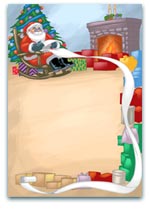 Christmas-themed frame with Santa Claus in a rocking chair, a decorated tree, and a fireplace, perfect for holiday greetings or festive designs