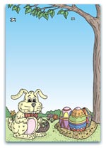 Easter bunny sitting under a tree with colourful Easter eggs in baskets, perfect for spring or Easter-themed illustrations